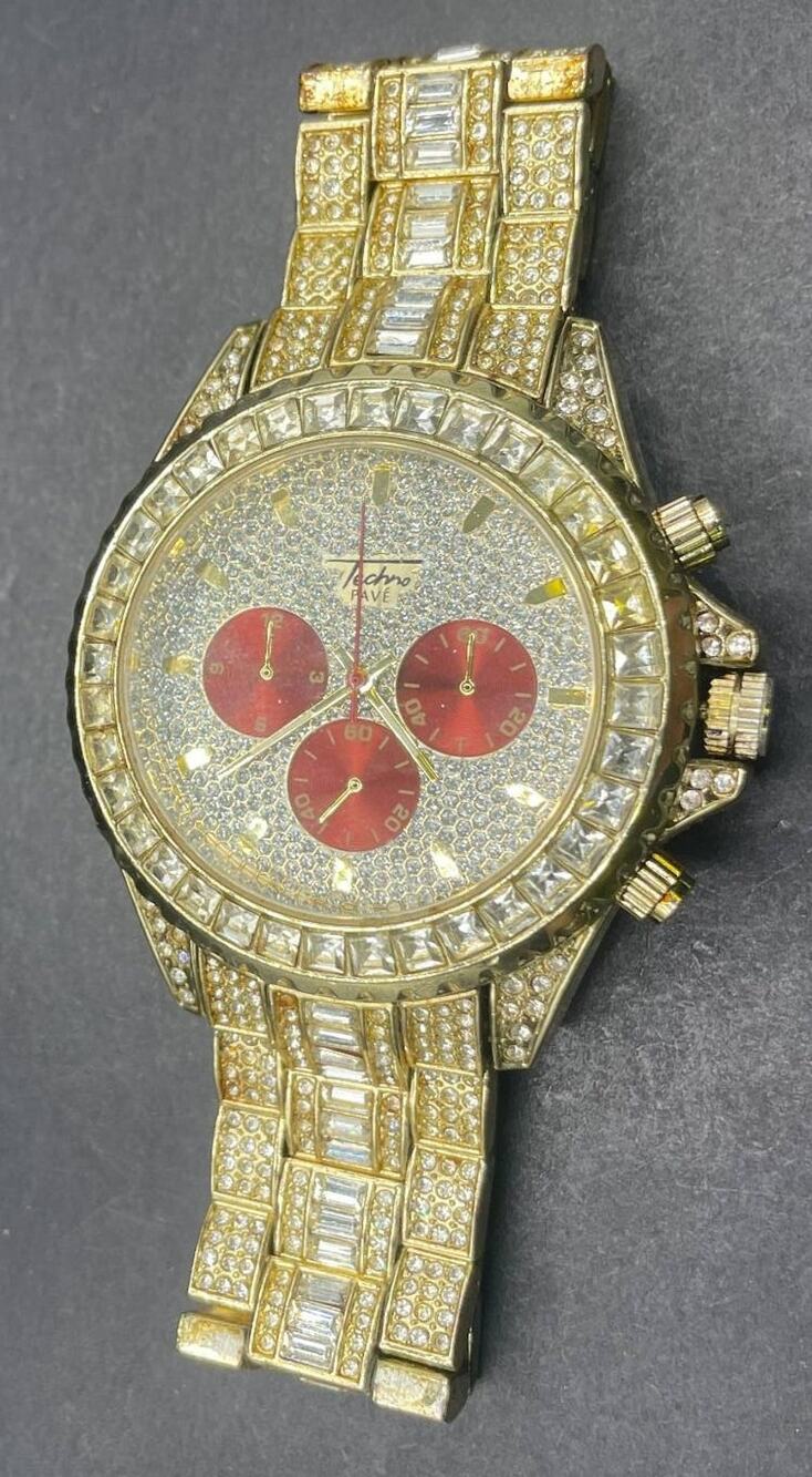 Techno Pave Mens Wristwatch Gold Tone Iced Out Rhinestone Red Dial Hip Hop Watch